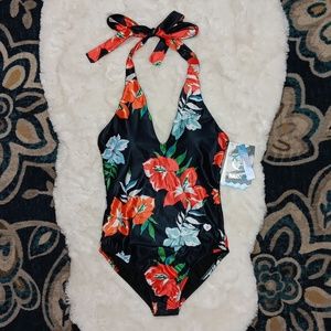 New Barrel black floral print one piece halter swimsuit medium